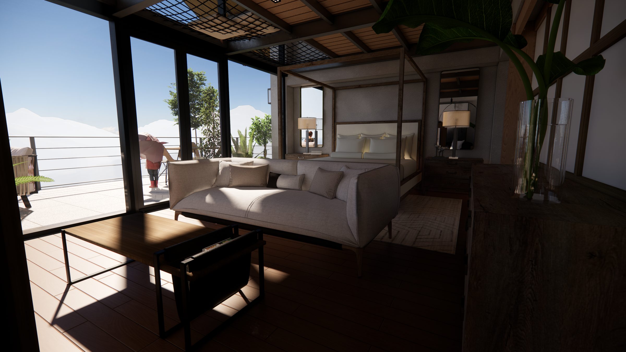 Penthouse living room open to the mezzanine above