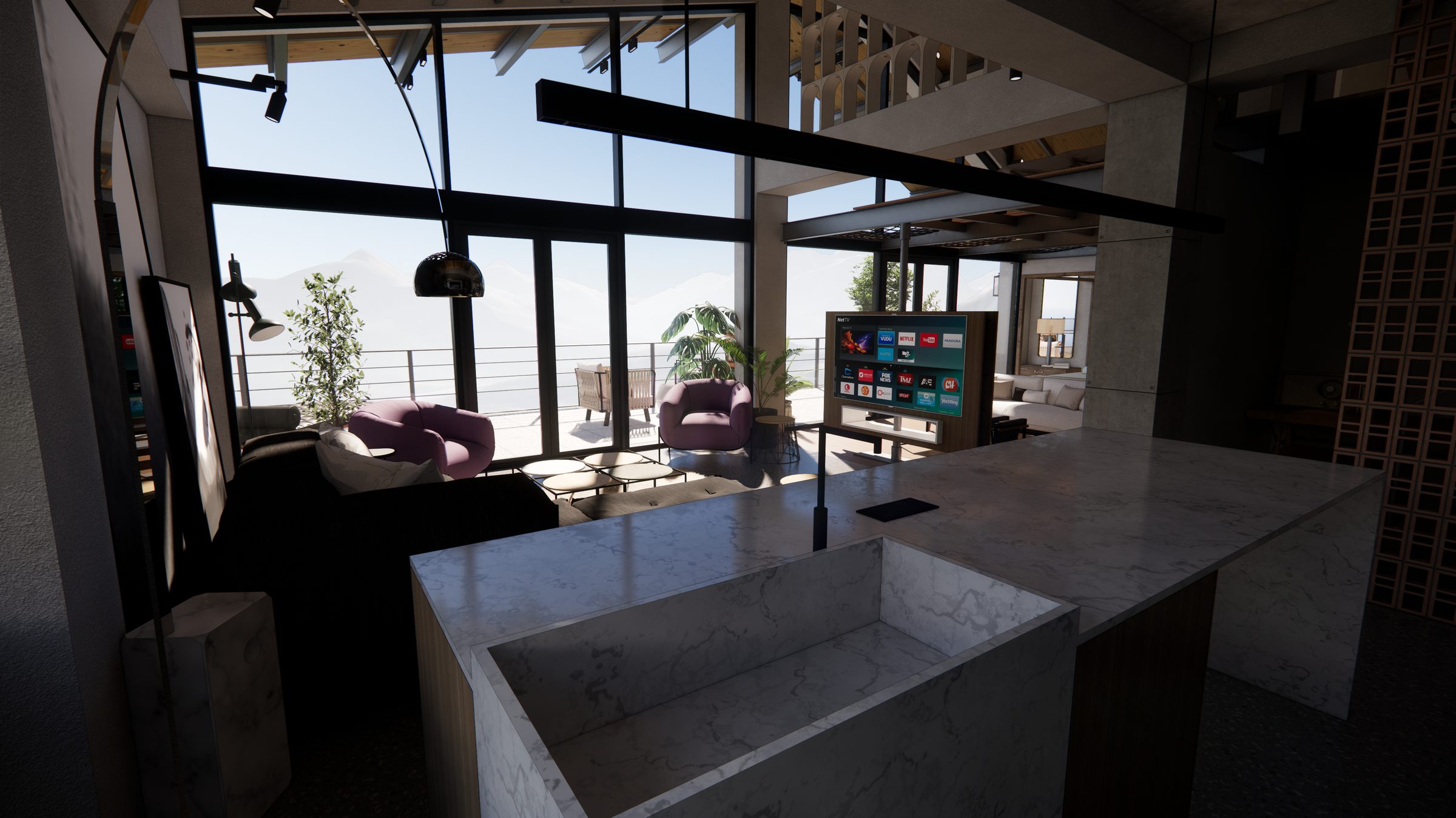 Penthouse kitchen island with the valley beyond