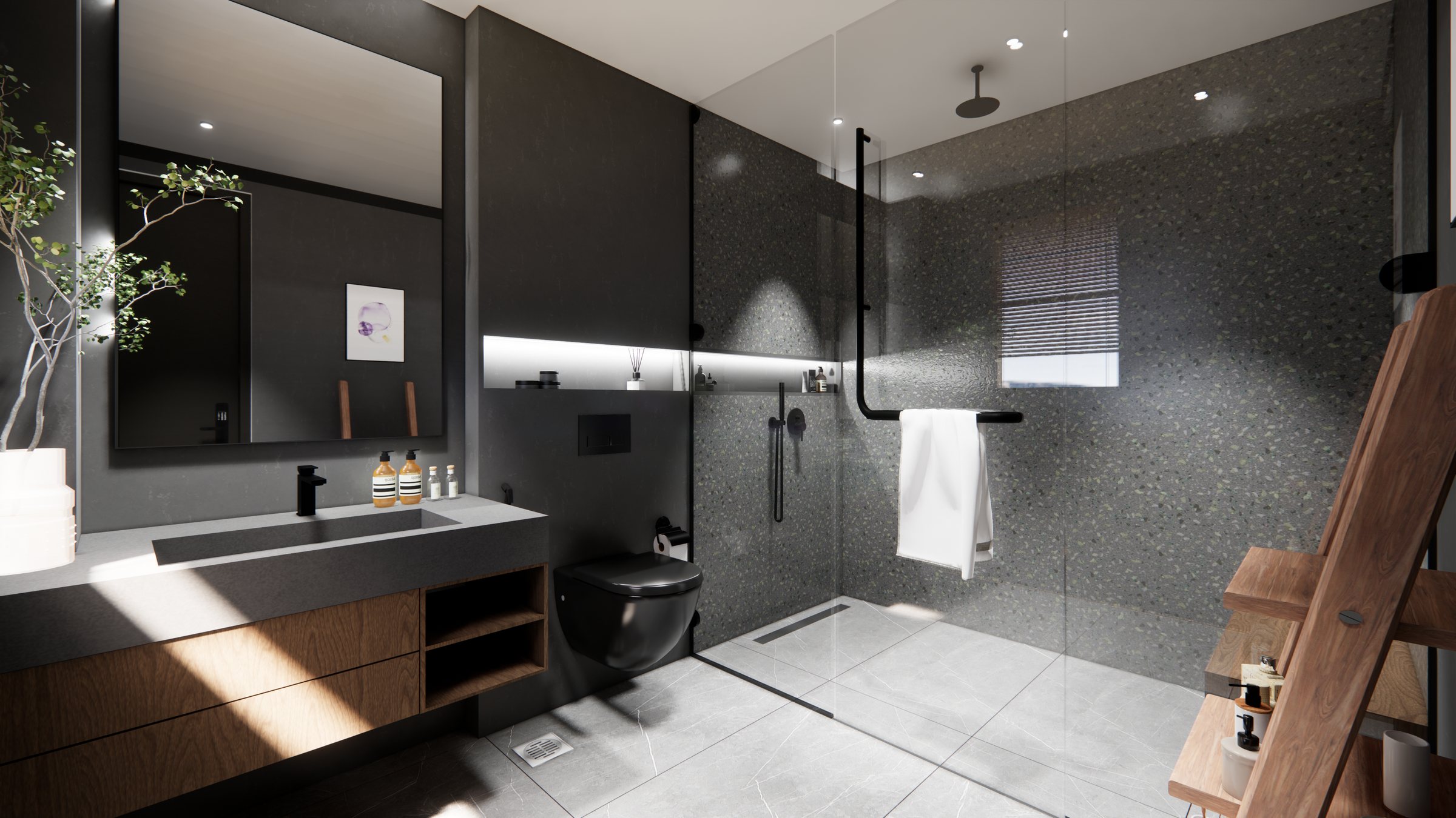 Residence bathroom with stone vanity, black fittings and walk-in shower