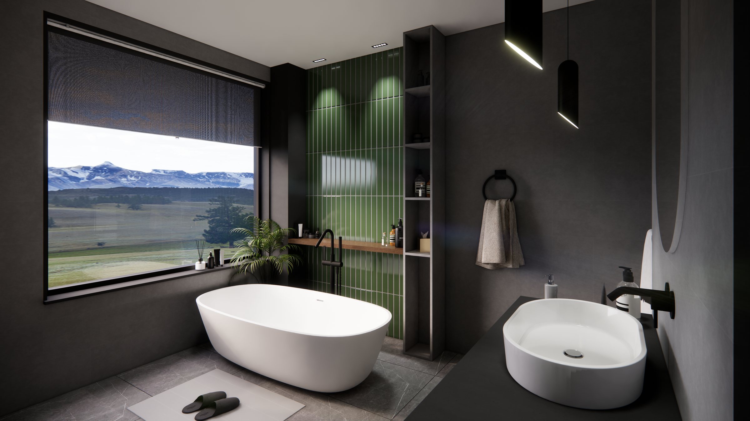 Suite bathroom with the tub set to a window over the snow line