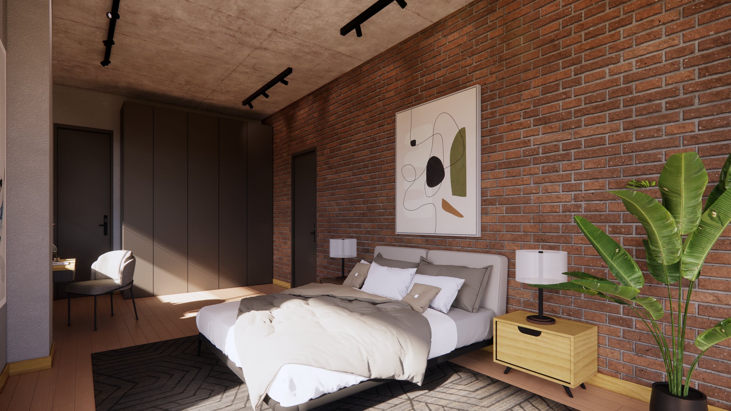Bedroom with full-height wardrobe and the bathroom beyond